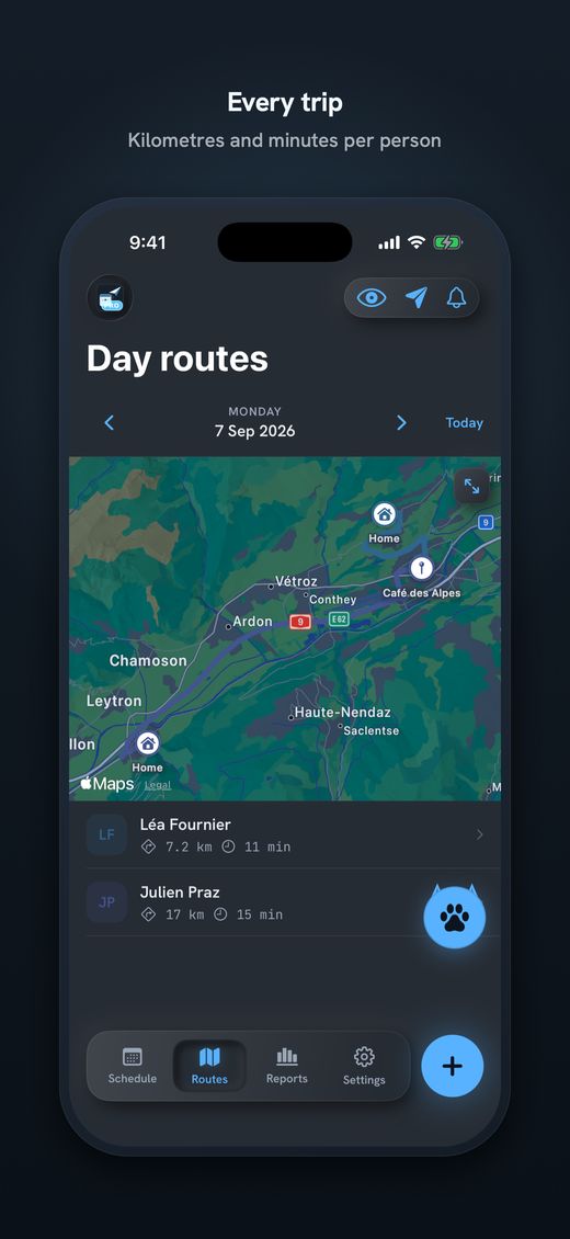 Pantalla de rutas: kilómetros y minutos de cada viaje, por persona.