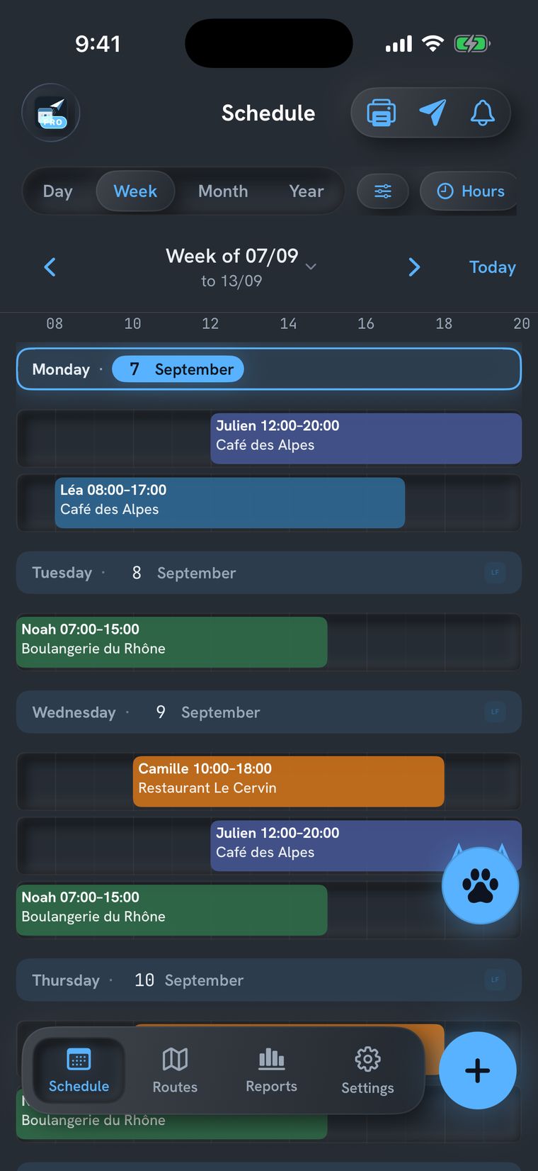 Pantalla de Send Planning: la semana con un día por fila y las horas en la regla superior